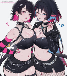 alternative_fashion armwear belt big_breasts black_bottomwear black_clothing black_collar black_hair black_jacket black_legwear black_shirt black_skirt black_thigh_highs black_topwear blue_eyes blush bodily_fluids bottomwear breasts cleavage clothed clothing collar colored_nails crop_top cropped_jacket duo ear_piercing elbow_gloves female fingerless_gloves fishnet_clothing fishnet_legwear fishnet_topwear glistening glistening_body glistening_skin gloves goth hair hair_size_difference hand_on_hip handwear harness heart_symbol jacket legwear long_hair long_nails looking_at_viewer miniskirt mole_under_eye nails navel one_eye_closed open_mouth pattern_armwear pattern_clothing pattern_elbow_gloves pattern_fingerless_gloves pattern_gloves pattern_handwear piercing pink_eyes question_mark red_nails sharp_teeth shirt simple_background skindentation skirt smile smiling_at_viewer spiked_collar spikes striped_armwear striped_clothing striped_elbow_gloves striped_fingerless_gloves striped_gloves striped_handwear stripes sweat sweaty_body sweaty_skin teeth text thick_thighs thigh_highs tongue tongue_out topwear torn_bottomwear torn_clothing torn_skirt torn_thigh_highs wet wet_body wet_skin white_background wide_hips wink winking_at_viewer qiandaiyiyu mihoyo zenless_zone_zero ellen_joe jane_doe_(zenless_zone_zero) animal_humanoid aquatic aquatic_humanoid fish fish_humanoid humanoid mammal mammal_humanoid murid murid_humanoid murine murine_humanoid rat_humanoid rodent rodent_humanoid shark_humanoid thiren digital_drawing_(artwork) digital_media_(artwork) english_text hi_res url