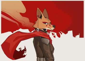 abstract_background anthro cape clothed clothing female solo radarwarble laika_aged_through_blood laika_(laika_aged_through_blood) canid canine canis coyote mammal