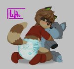 anthro booties brown_body brown_fur brown_hair clean_diaper clothed clothing diaper footwear fur green_eyes grey_background hair holding_object holding_plushie hug hugging_object hugging_plushie kneeling looking_back male plushie rear_view shirt shy simple_background sitting socks solo tan_body tan_fur toddler topwear wearing_diaper young young_anthro young_male wob mammal procyonid raccoon hi_res