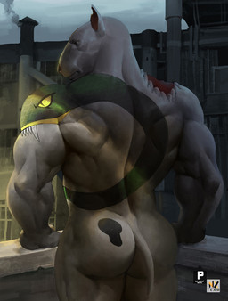 anthro arm_support back_muscles bald big_muscles bite_mark black_eyes black_nose butt butt_pose contiguous_snout detailed_background eyebrow_ridge factory grey_body grey_skin looking_at_viewer looking_back male markings muscular muscular_anthro muscular_male nude outside pose rear_view sky smoke solo standing symbol tattoo thick_thighs nexus bull_terrier canid canine canis domestic_dog hunting_dog mammal terrier 2017 portrait three-quarter_portrait