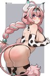 :t accessory ahoge animal_print armwear band-aid band-aid_on_face bandage bandage_on_face bare_shoulders big_breasts big_butt bikini_thong blush blush_lines border bovid_horn bovine_horn braided_hair breasts butt clothed clothing cow_horn cow_print elbow_gloves female gloves grey_background hair hair_accessory hair_intakes hairband handwear highlights_(coloring) horn hucow legwear long_hair looking_at_viewer looking_back looking_back_at_viewer outside_border pigtails pouting purple_eyes side_boob simple_background slap_mark solo swimwear tail tail_tuft tuft twin_braids white_border hioyami_(artist) genshin_impact mihoyo varesa_(genshin_impact) animal_humanoid bovid bovid_humanoid bovine bovine_humanoid cattle_humanoid humanoid mammal mammal_humanoid hi_res