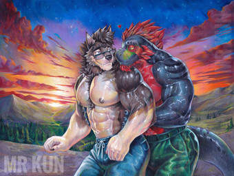 5_fingers abs anthro anthro_on_anthro areola arm_markings barazoku beard biceps big_muscles big_pecs big_tail black_body black_claws black_eyes black_markings black_tail blue_bottomwear blue_clothing blue_eyes blue_pants blue_sky bodily_fluids body_hair bottomwear brown_areola brown_body brown_eyebrows brown_fur brown_hair brown_nipples butt cheek_tuft chest_hair chin_tuft claws closed_smile clothed clothing cloud countershade_arms countershade_face countershade_fur countershade_torso countershading deltoids duo eye_contact eyebrows eyewear facial_hair facial_markings facial_tuft finger_claws fingers forearm_muscles forest forest_background fur glasses glistening glistening_body glistening_fur green_body green_bottomwear green_clothing green_markings green_pants hair hands_on_another's_waist hands_on_waist head_markings heart_symbol hug hugging_another hugging_from_behind humanoid_hands inner_ear_fluff interspecies leaning_on_another looking_at_another male male/male markings mountain mouth_closed multicolored_body multicolored_fur muscular muscular_arms nature nature_background navel neck_tuft nipples obliques orange_sky outside pants pecs plant pointy_ears prick_ears pubes red_beard red_body red_facial_hair red_hair red_heart red_pubes romantic romantic_couple shooting_star short_hair side_view sky smile smiling_at_another smiling_at_each_other snaggle_tooth standing star starry_sky striped_markings stripes sunset sweat sweaty_body tail tail_markings tan_body tan_fur text thick_tail topless topless_anthro topless_male tree triceps tuft wearing_glasses yellow_sclera mrkun tagg tiberius_thicktail canid canine canis dinosaur hybrid mammal mustelid otter prehistoric_species reptile saurischian scalie theropod tyrannosaurid tyrannosauroid tyrannosaurus tyrannosaurus_rex wolf artist_name graphite_(artwork) hi_res mixed_media painting_(artwork) traditional_media_(artwork) traditional_painting_(artwork) traditional_watercolor_(artwork) watercolor_(artwork) watermark