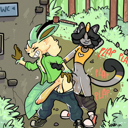 anal anal_penetration anthro ball_size_difference balls big_penis black_hair blep brick_wall chest_tuft choker clothed clothing crop_top dreadlocks duo erection eyes_closed fangs footwear forest forest_background from_behind_position fur genitals grey_balls grey_body grey_fur grey_penis hair huge_penis hyper hyper_genitalia hyper_penis jacket jewelry long_penis looking_pleasured male male/male male_penetrated male_penetrating male_penetrating_male nature nature_background necklace open_clothing open_jacket open_topwear pants_around_thighs penetration penis plant pubes public public_sex sex shirt smile standing standing_doggystyle standing_sex tan_body tan_fur teeth tongue tongue_out topwear tree tuft wall_(structure) yellow_balls yellow_penis xing1 converse nintendo pokemon fan_character vinci_(itsmemtfo4) eeveelution generation_1_pokemon generation_4_pokemon leafeon meowth pokemon_(species) 1:1 absurd_res hi_res