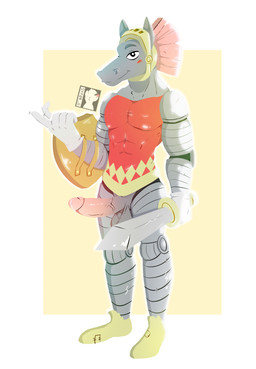 anthro armor blush genitals gesture hand_gesture humanoid_genitalia humanoid_penis knight male melee_weapon penis shield solo sword teasing warrior weapon syforg cuphead_(game) the_knight_(cuphead) equid equine horse mammal absurd_res hi_res