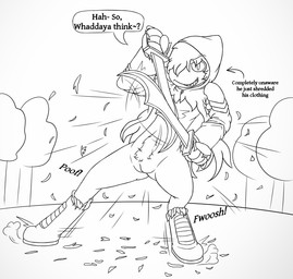 accident accidental_exposure andromorph anthro armor cloak clothing dialogue genitals intersex melee_weapon nude oblivious pose pubes public public_exposure public_nudity solo speech_bubble sword talking_to_viewer text torn_clothing vulva weapon mikey6193 mikey_(mikey6193) hybrid english_text hi_res monochrome