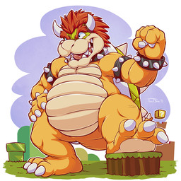 2_horns anthro barefoot belly biped bracelet claws feet hair horn jewelry male male_anthro musclegut muscular red_hair smile solo standing teeth toe_claws tongue wide_crotch yellow_body yellow_skin teaselbone mario_bros nintendo bowser koopa scalie 1:1 2015 digital_media_(artwork) signature