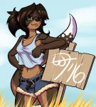 anthro bottomwear bra_strap brown_hair clothed clothing crop_top denim denim_clothing eyewear female glasses green_eyes hair lips midriff one_eye_closed ponytail shirt shorts sign simple_background solo thick_bottom_lip topwear wink rearhwhitetail mammal mustelid otter absurd_res hi_res