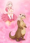 anthro big_breasts bodily_fluids breasts brown_body busty_feral clothing dress featureless_crotch female feral hair human_to_anthro nipples nude open_mouth pink_hair simple_background solo sparkles species_transformation standing surprise tears torn_clothing transformation whiskers esotericer human mammal mustelid otter 2020 absurd_res hi_res