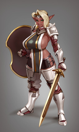 armor big_breasts blonde_hair breasts clothed clothing curvy_figure female gradient_background green_eyes hair huge_breasts humanoid_pointy_ears melee_weapon not_furry pointy_ears shield side_boob simple_background solo spaulder sword thick_thighs weapon kairunoburogu elf humanoid absurd_res digital_media_(artwork) hi_res shaded