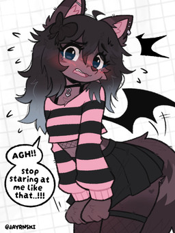 accessory ahoge anthro bat_wings biped black_bottomwear black_bow black_choker black_clothing black_hair black_hair_bow black_jewelry black_miniskirt black_necklace black_skirt black_sweater black_topwear blush blush_lines bodily_fluids bottomwear bottomwear_pull bow_ribbon breasts brown_body brown_fur cheek_tuft choker clothed clothed_anthro clothed_female clothing clothing_pull countershade_face countershade_fur countershade_neck countershade_torso countershading covering covering_self cropped_sweater dialogue ear_piercing ear_ring ear_stud emanata embarrassed eye_through_hair eyebrow_through_hair eyebrows eyelashes eyelashes_through_hair facial_tuft fangs female female_anthro fingers fishnet_clothing fishnet_legwear fishnet_thigh_highs fishnet_topwear flash_emanata flying_sweatdrops fully_clothed fully_clothed_anthro fully_clothed_female fur fur_tuft grey_highlights hair hair_accessory hair_bow hair_ribbon hands_together heart_(marking) heart_pendant highlights_(coloring) holding_bottomwear holding_clothing holding_object holding_skirt inner_ear_fluff jewelry leaning leaning_forward legwear long_hair looking_at_viewer markings membrane_(anatomy) membranous_wings midriff miniskirt motion_lines navel necklace open_mouth pattern_clothing pattern_sweater pattern_topwear piercing pink_clothing pink_inner_ear pink_inner_ear_fluff pink_sweater pink_topwear pleated_skirt pointy_ears ribbons ring_piercing shy simple_background skirt skirt_pull small_breasts solo speech_bubble striped_clothing striped_sweater striped_topwear stripes sweat sweatdrop sweater tail teeth text thigh_highs topwear translucent translucent_hair triangle_nose tuft white_background white_sclera wings jayrnski domestic_cat felid feline felis mammal 2026 digital_media_(artwork) english_text hi_res portrait signature three-quarter_portrait