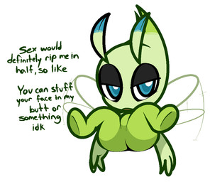 ambiguous_gender antennae_(anatomy) blue_eyes butt dialogue dipstick_antennae featureless_crotch flying green_body green_skin half-closed_eyes insect_wings looking_at_viewer multicolored_antennae narrowed_eyes simple_background solo talking_to_viewer text white_background wings vilepluff nintendo pokemon celebi generation_2_pokemon humanoid legendary_pokemon mammal pokemon_(species) 2019 aliasing digital_media_(artwork) english_text