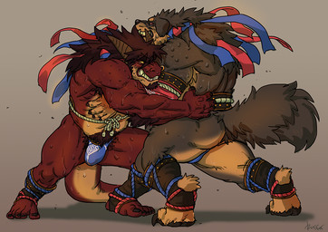 5_toes anklet anthro arm_wraps barazoku beard belly_hair bodily_fluids body_hair bracelet brown_body brown_fur brown_hair brown_scales bulge butt claws clenched_teeth clothing detailed_bulge duo facial_hair facial_piercing feet fur genital_outline grappling hair horn humanoid_feet jewelry leg_wraps male multicolored_body multicolored_scales nose_piercing nose_ring orange_body orange_scales paws penis_outline piercing plantigrade pubes red_eyes red_sclera ring_piercing scales sharp_teeth speedo standing straining sweat swimwear tail teeth toe_claws toes two_tone_body two_tone_scales wraps wrestling yellow_eyes yellow_sclera rossciaco mythology fileossur canid canine canis domestic_dog dragon mammal mythological_creature mythological_scalie scalie 2015 signature