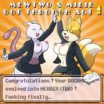 1:1 2016 anthro anthrofied areola barefoot big_breasts black_nose breasts canid canine clothed clothing crossgender crossover digital_media_(artwork) dipstick_tail duo english_text erect_nipples eyebrows eyelashes eyes_closed feet felid female fox fur generation_1_pokemon hair hi_res jacket legendary_pokemon lonbluewolf mammal markings mewtwo miles_prower multi_tail multicolored_tail navel nintendo nipples open_clothing open_jacket open_mouth open_topwear partially_clothed pokemon pokemon_(species) pokemorph profanity raised_tail sega short_story simple_background smile sonic_the_hedgehog_(series) story story_in_description suit tail tail_markings text toes tongue topwear uniform white_body white_fur yellow_body yellow_fur