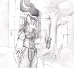 anthro asian_clothing biped building clothed clothing east_asian_clothing female japanese_armor japanese_clothing lamp moon night oil_lamp plant solo tail torch tree kitsune_youkai canid canine fox mammal 2012 hi_res monochrome sketch