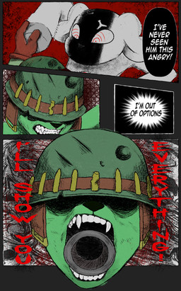 angry anthro armor bullet clothing damaged_clothing dialogue duo hat headgear headwear helmet male menacing_aura military_cap military_uniform speech_bubble struggling text uniform vein gigaderp123 fan_character bovid canid canine canis caprine domestic_dog mammal sheep absurd_res comic english_text hi_res