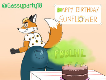 anthro big_butt birthday birthday_banner birthday_cake birthday_candle blonde_hair blue_bottomwear blue_clothing blue_jeans blue_pants bottomwear bubble_butt butt butt_focus cake clenched_teeth clothing denim denim_bottomwear denim_clothing dessert eyes_closed eyewear fart fart_cloud fart_fetish food fur glasses green_fart_cloud hair jeans male male_farting orange_body orange_fur pants shirt slightly_chubby smile solo t-shirt tail teeth thick_thighs topwear white_body white_clothing white_fur white_shirt white_t-shirt white_topwear supersonicparty18 fan_character canid canine fox mammal 4:3 hi_res