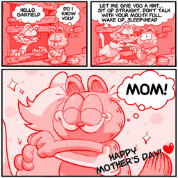 anthro black_eyes board bodily_fluids brick brick_wall confusion crying dialogue duo english_commentary excited eyelashes eyes_closed female fur gesture half-closed_eyes hand_gesture happy heart_symbol holidays hug looking_at_another looking_at_mother looking_at_son male markings messy_fur narrowed_eyes pointing sitting smile speech_bubble striped_body striped_fur striped_markings striped_tail stripes tail tail_markings teardrop tears text walking wall_(structure) smikyness garfield_(series) jim_davis mother's_day garfield's_mother garfield_the_cat domestic_cat felid feline felis mammal 1:1 comic english_text hi_res monochrome mother_(lore) parent_(lore)