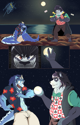 beach card claws clothed clothing duo fangs feet full_moon hat headgear headwear horn laugh magic male male/male moon muscular night open_clothing open_shirt open_topwear overweight sand sea shirt sitting smile standing star tail teeth topwear trick water dillcresta mythology aquatic aquatic_dragon bear dragon mammal mythological_creature mythological_scalie scalie absurd_res comic hi_res