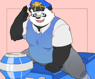 anthro belly black_body black_nose bottomwear clothing eyewear glasses hat headgear headwear kemono male overweight overweight_male pants shirt solo topwear train vehicle white_body inunoshippo vtuber sasayama_akira bear giant_panda mammal 2023 hi_res