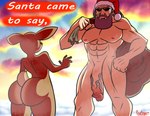 anthro big_butt brown_body butt christmas deer english_text female genitals hi_res holidays human male mammal muscular muscular_male nipples nude penis protagon santa_claus text vein veiny_penis