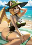 2023 anthro aomori bat beach beach_towel big_breasts breasts clothing collarbone digit_ring eyebrows eyelashes female finger_ring hair hand_on_knee hand_on_leg hat headgear headwear jewelry looking_at_viewer mammal membrane_(anatomy) membranous_wings one-piece_swimsuit open_mouth orange_eyes outside ring seaside short_hair solo swimwear tan_body tan_hair teeth tongue tongue_out towel wings witch_hat