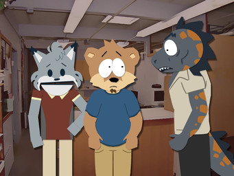 anthro biped group male office trio what unknown_artist comedy_central echo_(game) echo_(series) echo_project south_park chase_hunter flynn_moore tj_hess asian_small-clawed_otter canada_lynx felid feline gila_monster helodermatid lizard lynx mammal mustelid otter reptile scalie 4:3 colored hi_res