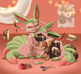 3_tails 5_tails all_fours ambiguous_gender blush blush_lines bodypaint bow_(feature) bracelet brush chest_tuft detailed_background duo feral green_blush inside jewelry leg_markings lights markings multi_tail paint paintbrush painting_(object) scissors sitting snout socks_(marking) string_lights tail tuft yellow_blush ezpups nintendo pokemon eevee eeveelution generation_1_pokemon generation_6_pokemon pokemon_(species) sylveon 2020 hi_res