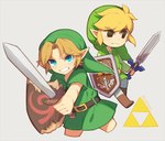 blonde_hair blue_eyes clothing duo elf hair hat headgear headwear holding_melee_weapon holding_object holding_sword holding_weapon humanoid humanoid_pointy_ears hylian light_body light_skin male master_sword melee_weapon nintendo not_furry ocarina_of_time shield shirt simple_background square_crossover sword teeth the_legend_of_zelda toon_link topwear triforce tunic weapon wind_waker wusagi2 young_link