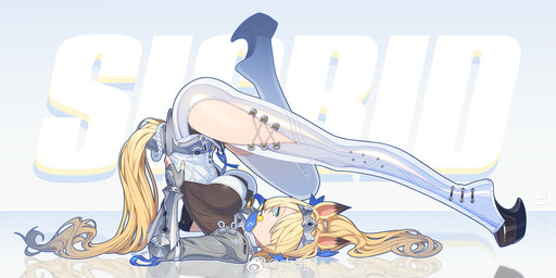 accessory armor blonde_hair blue_eyes blue_necktie boots breasts clothing female fingerless_gloves folded footwear gloves hair hair_over_eye hand_on_own_back handwear headband high_heeled_boots high_heels horse_ears horse_tail leg_boots lollipop_in_mouth long_hair looking_at_viewer necktie ponytail shoes solo text thigh_cutout vambrace yan_wan chupa-chups mihoyo zenless_zone_zero sigrid_de_l'azur animal_humanoid equid equid_humanoid equine equine_humanoid horse_humanoid humanoid mammal mammal_humanoid thiren character_name hi_res