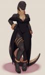 anthro breasts claws cleavage clothed clothing dress fangs female jewelry looking_at_viewer non-mammal_breasts orange_eyes scales simple_background solo standing teeth tongue tongue_out 5-ishart ida elapid_(snake) mamba reptile scalie snake absurd_res hi_res