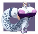 2018 alexandria_(spyingredfox) anthro areola big_breasts big_tail black_bottomwear black_clothing blonde_hair blue_body blue_fur blue_markings blue_spots bottomwear bow_(feature) breasts chest_tuft clothed clothing colored_nails digital_media_(artwork) felid female footwear full-length_portrait fur grey_nails hair high_heels huge_breasts huge_tail hyper hyper_breasts hyper_tail leopard_spots long_hair long_tail mammal markings multicolored_body multicolored_fur nails nipple_slip nipples pantherine pink_areola pink_eyes pink_nipples pink_nose portrait purple_background purple_clothing purple_footwear purple_high_heels purple_topwear redpixie signature simple_background skimpy smile snow_leopard solo spots standing tail teeth thick_tail thick_thighs topwear tube_top tuft two_tone_body two_tone_fur white_body white_fur