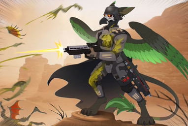 ambiguous_gender anthro armor blood bodily_fluids claws clothed clothing colored_blood covered_in_blood day desert digitigrade dismemberment feral fur furgonomics gas_mask gloves gore green_blood green_wings grey_body grey_fur grey_wings handwear headgear helmet holding_object holding_weapon killing mask military outside shooting soldier solo text two_tone_wings unusual_blood unusual_bodily_fluids warrior weapon wings trickate mythology talonburd_(character) arthropod avian gryphon insect mythological_avian mythological_creature 2025 absurd_res artist_name digital_media_(artwork) hi_res
