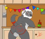 anthro anus biped birthday clothed clothing counter detailed_background dialogue fur grey_body grey_fur grey_tail jockstrap looking_at_viewer looking_back male rear_view skimpy solo tail text underwear legoshi_will13 lucio_(legoshi_will13) digital_media_(artwork) english_text hi_res