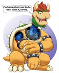 3_toes 4_fingers anthro clothing cosplay costume dialogue disembodied_head duo feet fingers male male/male mask muscular muscular_anthro muscular_male nervous open_mouth open_smile putting_on_clothes sharp_teeth simple_background smile smug stuck suit_transformation teeth toes transformation badroy mario_bros nintendo bowser animate_inanimate dinosaur dromaeosaurid koopa living_clothing prehistoric_species reptile scalie theropod turtle hi_res