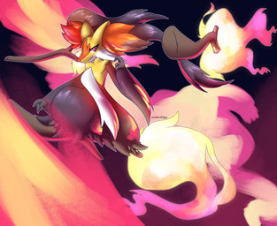 anthro biped black_hair black_inner_ear_fluff broom broom_riding cleaning_tool fur fur_markings hair inner_ear_fluff markings multicolored_body multicolored_ears multicolored_fur multicolored_inner_ear_fluff pink_eyes red_body red_ears red_fur red_inner_ear_fluff solo tuft two_tone_body two_tone_ears two_tone_fur two_tone_inner_ear_fluff white_body white_fur yellow_body yellow_ears yellow_fur motherlatias nintendo pokemon pokemon_legends_z-a generation_9_pokemon mega_delphox mega_evolution pokemon_(species) 2025 hi_res watermark