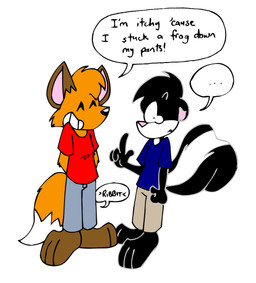 anthro bottomwear clothing duo ellipsis male pants text tabbiewolf amphibian canid canine fox frog mammal mephitid skunk english_text