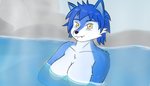 anthro blue_body blue_hair blue_skin convenient_censorship female hair hot_spring onsen solo water yellow_eyes silverbunny canid canine canis domestic_dog mammal