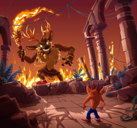 anthro antlers bell black_nose brown_body brown_fur clothed clothing collar duo footwear fur gloves green_eyes hair handwear holding_object holding_torch horn mace male melee_weapon topless torch weapon tirrel activision crash_bandicoot_(series) crash_bandicoot tirrel_(tirrel) bandicoot deer mammal marsupial 2018 hi_res