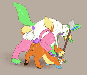 alternate_color anal anal_penetration balls bdsm bodily_fluids bondage bound duo feral genitals imminent_knotting knot knotted_penis male male/male melee_weapon moan on_one_leg penetration penile penile_penetration penis penis_in_ass polearm purple_penis royalty spear standing sweat tongue tongue_out vein veiny_knot weapon notsafecat nintendo pokemon soggy_(soggybuizel) buizel eeveelution generation_4_pokemon generation_6_pokemon pokemon_(species) sylveon hi_res