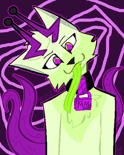 antennae_(anatomy) anthro black_nose cheek_tuft chest_tuft collar eyebrows facial_tuft fangs green_body green_tongue head_tilt hivemind lock long_tongue looking_at_viewer male padlock padlocked_collar pattern_background purple_background purple_eyes simple_background solo teeth tentacles tongue tongue_out triangle_nose tuft mossky sald_(saldyy) canid canine goo_creature mammal 4:5 aliasing digital_media_(artwork) half-length_portrait low_res portrait