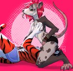 5_fingers 5_toes anthro black_stripes breasts clothed clothing duo facesitting feet female fingers fur hair male male/female orange_body orange_fur red_eyes red_hair sitting_on_another smile solo_focus striped_body striped_fur stripes toes nitani nitani_(fursona) ticer american_opossum felid mammal marsupial pantherine tiger 2020 digital_media_(artwork)