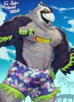 abs anthro biceps bulge clothing eyewear feathers floral_pattern grin grinning_at_viewer hand_on_hip holding_eyewear holding_object holding_sunglasses male mascot muscular muscular_anthro muscular_male neck_tuft pecs smile solo sunglasses swimming_trunks swimwear tuft tos_tos_f_ski nfl seattle_seahawks blitz_the_seahawk accipitrid accipitriform avian bird seahawk hi_res