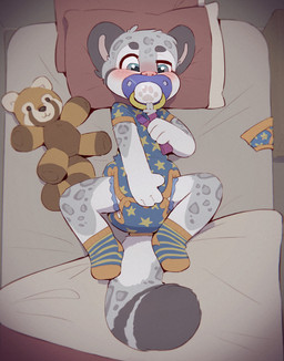 anthro baby_bodysuit bed bedding blush bottomwear briefs clothing diaper diaper_under_clothing footwear furniture gag gagged hand_on_diaper lying male on_back onesie pacifier pillow plushie snapsuit socks solo toddler touching_diaper underwear young young_anthro skidoo felid mammal pantherine snow_leopard hi_res