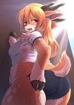 anthro athletic_wear blush bodily_fluids butt clothing deer female gym_uniform hi_res hooves horn kemono mammal open_mouth shiitakemeshi slightly_chubby solo sweat thumbless uniform