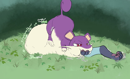 abdominal_bulge almost_fully_inside ambiguous_gender belly belly_on_ground big_belly duo feral feral_pred foot_in_mouth fur grass head_first huge_belly lying motion_lines on_front oral_vore outside pawpads paws plant purple_body purple_fur quadruped resting_on_belly rumbling_stomach size_difference smaller_pred soft_vore swallowing tail vore whiskers white_body white_fur heckaoctie nintendo pokemon generation_1_pokemon pokemon_(species) rattata 2026 hi_res