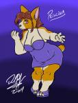 anthro biped breasts cleavage clothed clothing cocktail_dress female footwear gradient_background high_heels looking_at_viewer piercing shoes simple_background slightly_chubby solo baikobits canid canine canis domestic_dog herding_dog mammal pastoral_dog welsh_corgi priscilla_(disambiguation) 2014 hi_res