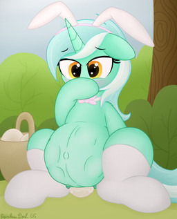 belly big_belly blush blush_lines clothing covering covering_mouth egg fake_ears fake_rabbit_ears female feral fur green_body green_fur horn legwear navel outdoor_nudity outie_navel oviposition pregnant pregnant_female pregnant_feral sitting sitting_on_ground solo thigh_highs vaginal_oviposition white_clothing white_legwear white_thigh_highs yellow_eyes rainbowspekgs friendship_is_magic hasbro my_little_pony mythology lyra_heartstrings_(mlp) equid equine mammal mythological_creature mythological_equine unicorn 2026 absurd_res digital_drawing_(artwork) digital_media_(artwork) hi_res