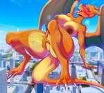 anthro big_breasts blue_sky blue_wings bodily_fluids breasts drooling ejaculation eyelashes fangs female genital_fluids macro masturbation membrane_(anatomy) membranous_wings narrowed_eyes nude open_mouth orange_body outside purple_eyes pussy_ejaculation rainbow saliva sky solo spread_legs spreading teeth tongue tongue_out vaginal vaginal_fluids vaginal_masturbation wings yellow_body smogville nintendo pokemon charizard generation_1_pokemon pokemon_(species) hi_res