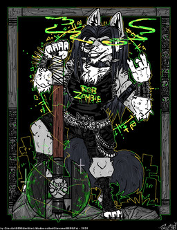 alternative_fashion axe band_shirt collar devil's_horns fur glowing glowing_eyes grey_body grey_fur hair long_hair metalhead spiked_armwrists spiked_collar spikes madnessandgiovanni0595 rob_zombie attahualpa_(character) canid canine canis mammal wolf album_cover cover