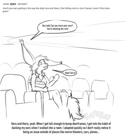 anthro big_ears chair clothed clothing dialogue ear_tuft female fully_clothed furniture hair movie_theater one_ear_up popcorn_bucket projector shirt sitting smile solo speech_bubble tail tank_top text topwear tuft kinipshun michelle_(kinipshun) alderian canid canine fox mammal absurd_res digital_media_(artwork) english_text hi_res sketch watermark